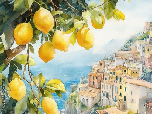 Vibrant watercolor of lemons in italian coastal landscape
