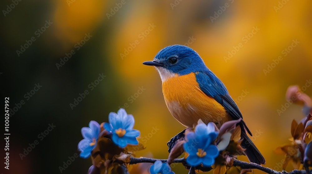 A blue-and-orange bird perches on a tree branch, surrounded by blue blossoms Background softly blurred A blue-and-orange bird perches on a tree branch, surrounded by blue blossoms Background softly blurred