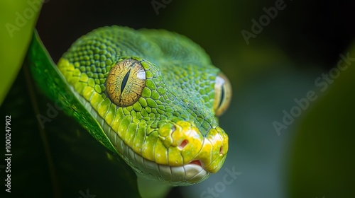  A tight shot of a green snake's head atop a verdant leafy branch, surrounded by lush green foliage