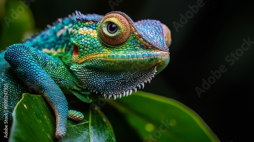  A tight shot of a vibrant chameleon perched on a verdant, leafy branch against an indistinct backdrop