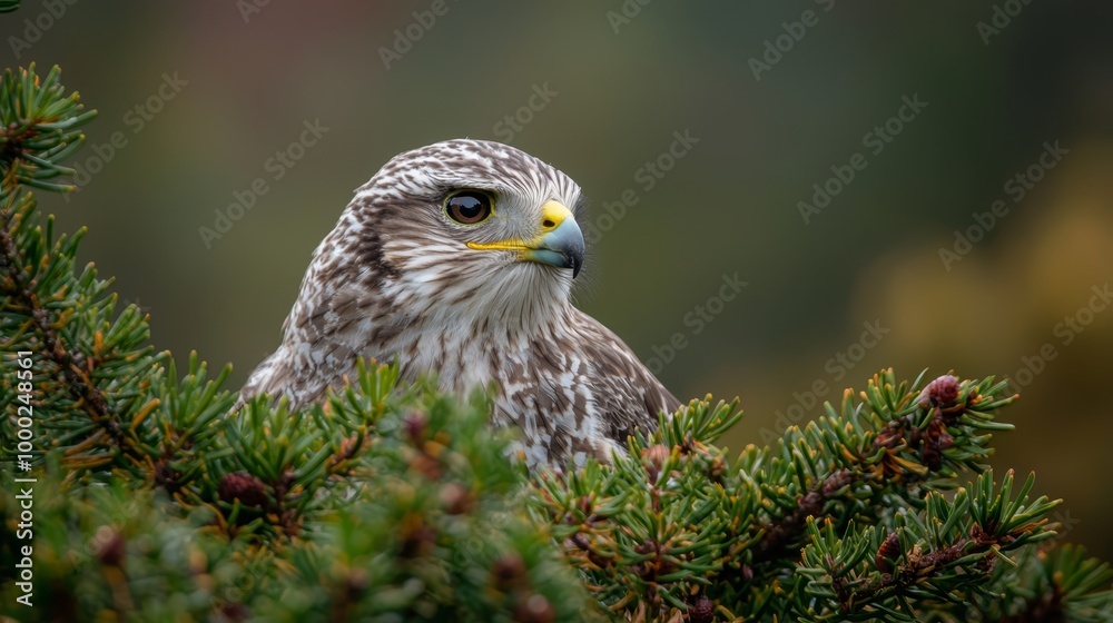 A bird of prey in focus on a tree branch against a softly blurred backdrop of leaves and branches A bird of prey in focus on a tree branch against a softly blurred backdrop of leaves and branches