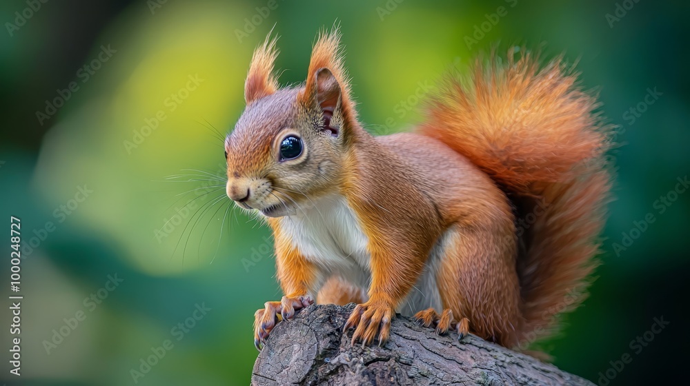 A tight shot of a squirrel atop a tree branch against a hazy backdrop of trees A tight shot of a squirrel atop a tree branch against a hazy backdrop of trees