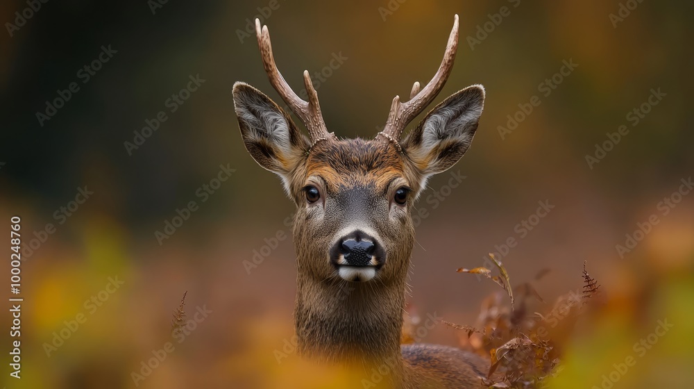 A decever with antlers, focusied on its face, surrounded by hazy grass behind A decever with antlers, focusied on its face, surrounded by hazy grass behind