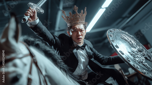 A businessman wearing a crown, holding a sword and shield, acting fierce, solemn, and brave like a warrior going to war. The idea is to dedicate oneself to overcome obstacles for success in business.