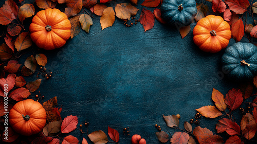 Fall leaves and pumpkins on a dark wooden background. Generative AI