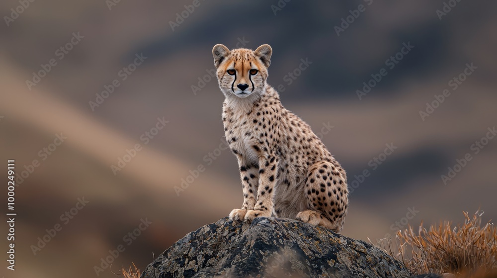 A cheetah atop a rock, before mountain ranges and cloud-filled sky A cheetah atop a rock, before mountain ranges and cloud-filled sky