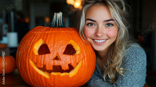 Woman hugs carved halloween pumpkin, Generative AI