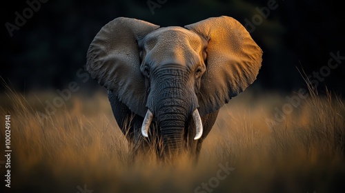  An elephant, adorned with tusks, stands amidst a field of tall grass and trees Dark clouds loom in the background