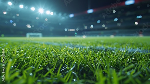 Green grass field with bokeh light at night soccer stadium