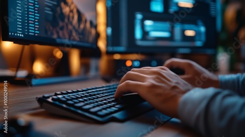 Man Typing Code on Keyboard in Dark Room