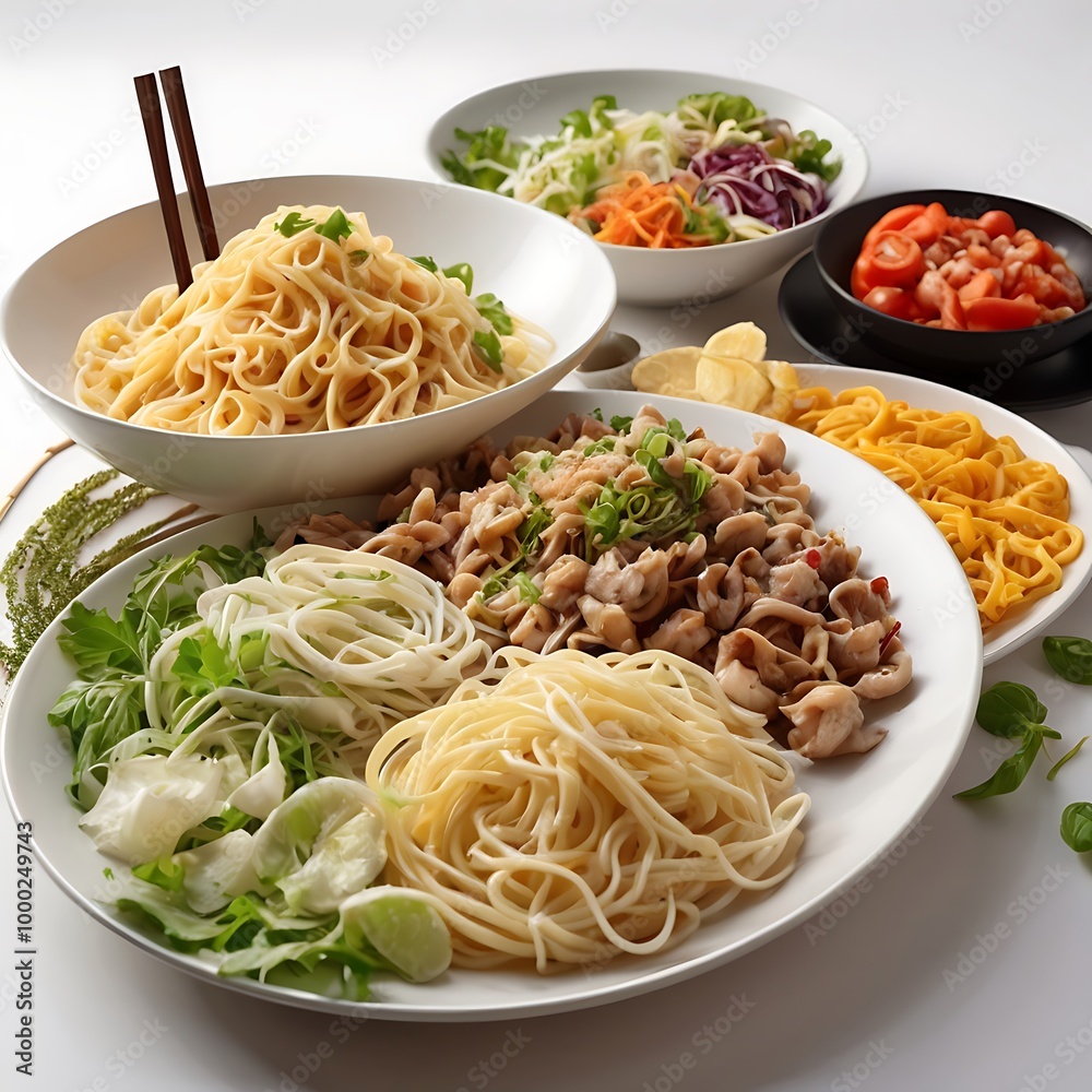 Delicious fresh fried Noodles with beef and vegetables assortment Served, Noodles with chicken and vegetables on a white background Delicious fresh fried Noodles with beef and vegetables assortment Served, Noodles with chicken and vegetables on a white background