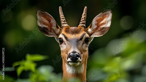  A gazelle's face, tightly framed, surrounded by a softly blurred backdrop of trees and leaves