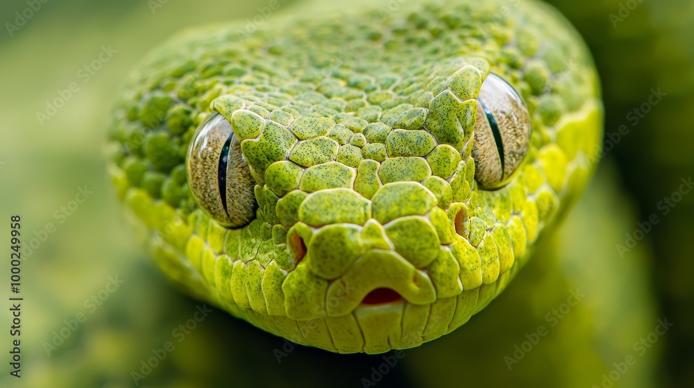 A tight shot of a green snake's head, eyes intensely focused, background softly out of focus A tight shot of a green snake's head, eyes intensely focused, background softly out of focus
