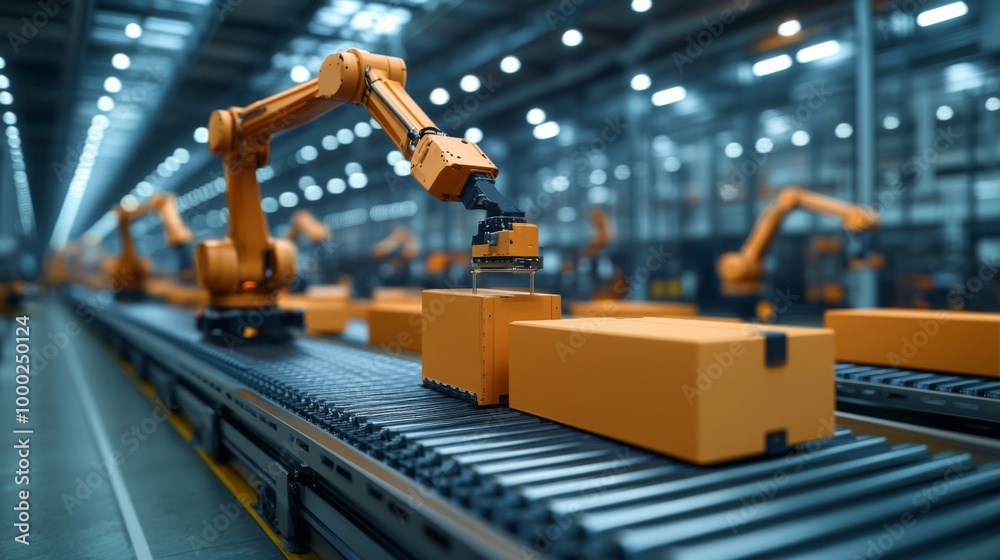 Automated Factory with Robotic Arms Handling Packages Automated Factory with Robotic Arms Handling Packages