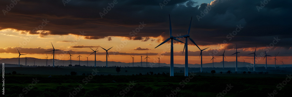 Obraz premium Usine of Eolic Wind Turbines. Sustainable, Renewable energy force in a Country Side with sunset with vibrant sky.