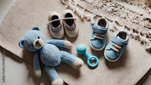 A blue teddy bear and two baby shoes are on a white blanket