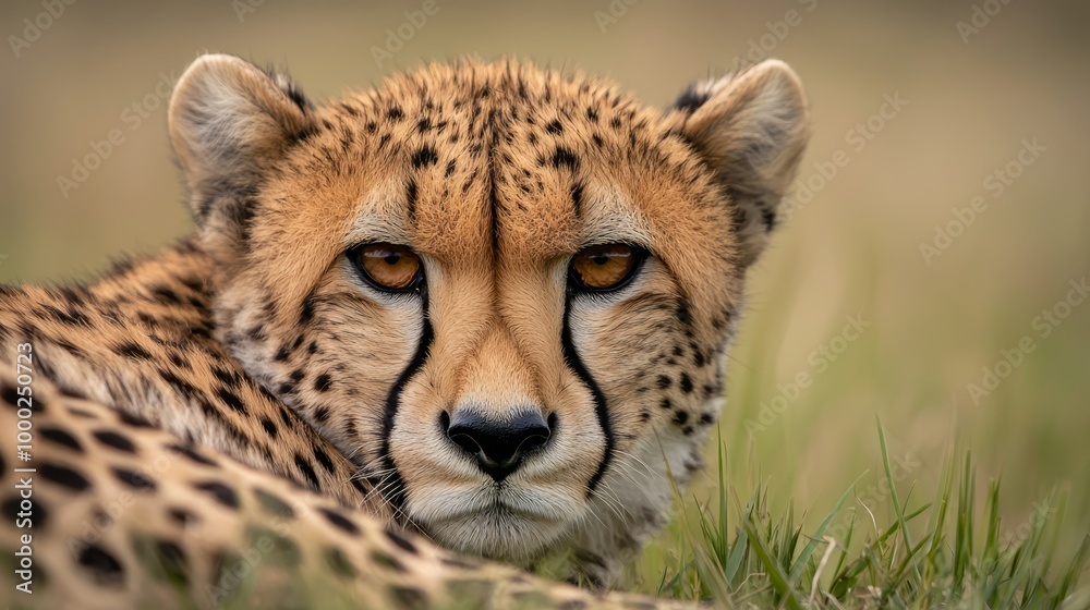 A tight shot of a cheetah's expression, grass near, backdrop softly blurred A tight shot of a cheetah's expression, grass near, backdrop softly blurred