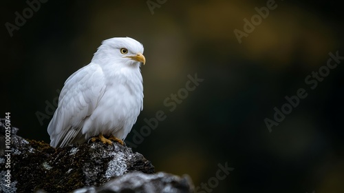  A white bird perches on a moss-covered branch against a backdrop of dark trees