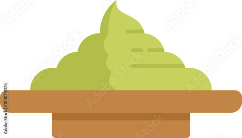 This vector illustration features a green wasabi paste lying on a wooden plate, a staple condiment in japanese cuisine