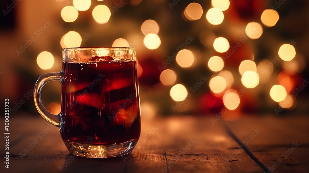 Cozy Winter Evening with Warm Mulled Wine on Rustic Wooden Table Against Festive Lights Background. Cozy Winter Evening with Warm Mulled Wine on Rustic Wooden Table Against Festive Lights Background.