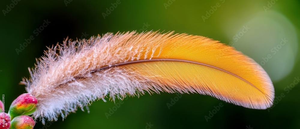 A tight shot of a yellow feather atop a plant Foreground features pink blooms Background softly blurs A tight shot of a yellow feather atop a plant Foreground features pink blooms Background softly blurs