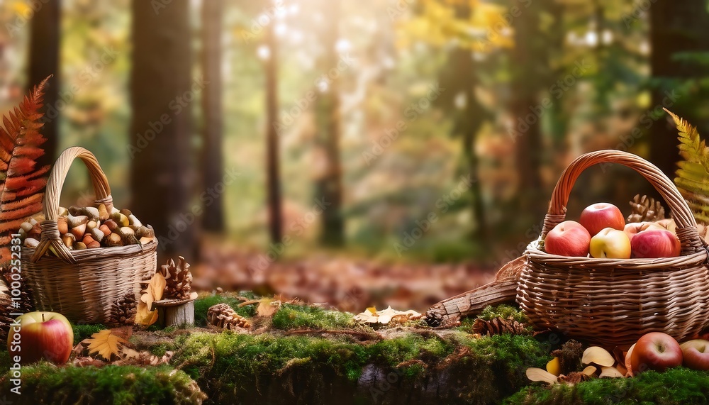 Autumn forest harvest with rustic baskets filled with apples and acorns amidst vibrant foliage and a serene woodland backdrop. Generative AI Autumn forest harvest with rustic baskets filled with apples and acorns amidst vibrant foliage and a serene woodland backdrop. Generative AI