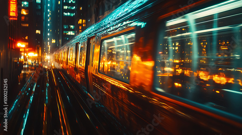 A real-life, high-definition shot of a train passing through a city at night, with the vibrant lights of the buildings reflected on the glossy surface of the train’s windows