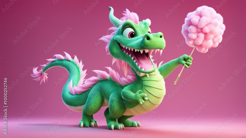 Obraz premium A cheerful dragon character holding cotton candy against a pink background.