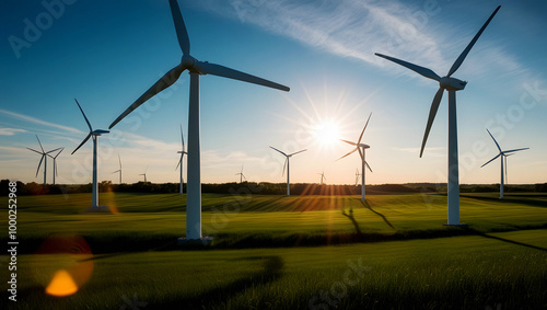 Usine of Eolic Wind Turbines. Sustainable, Renewable energy force in a Country Side with green fields and sunnt day. photo