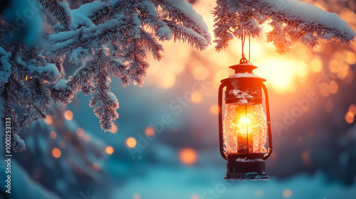 Lantern glowing softly among snowy trees at sunset