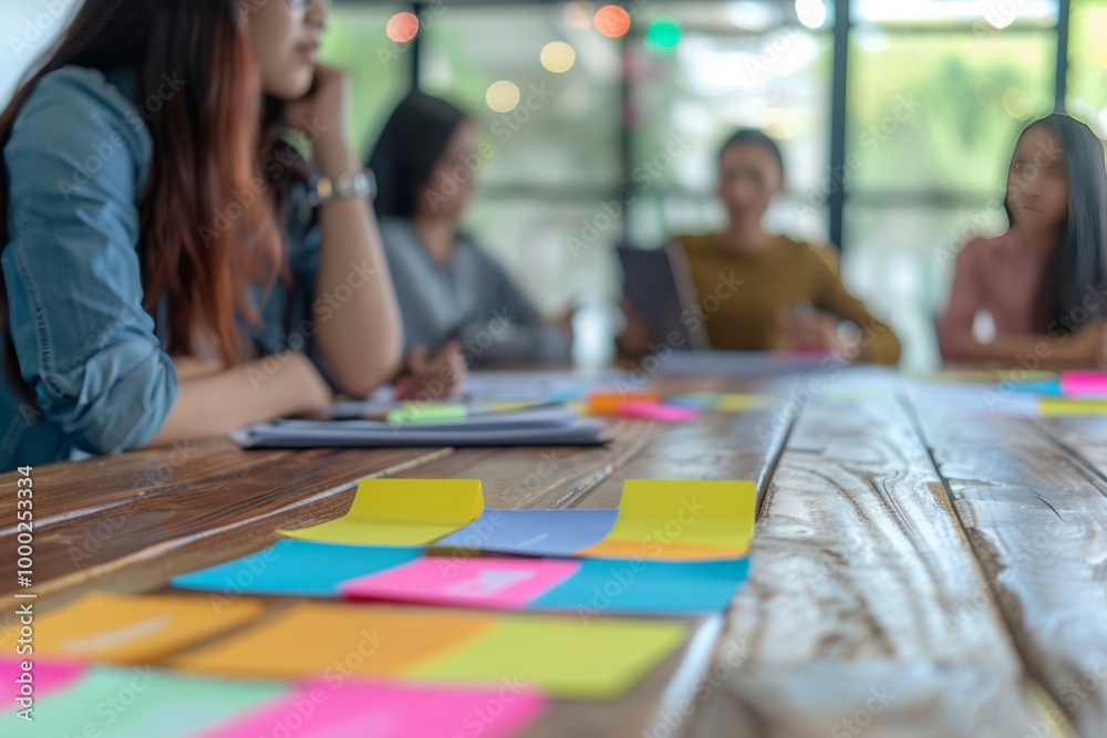 Fototapeta premium Creative Pacific Islander woman in casual wear presents to team, discussing with colorful note paper on wood table, planning to success concept. , background blur