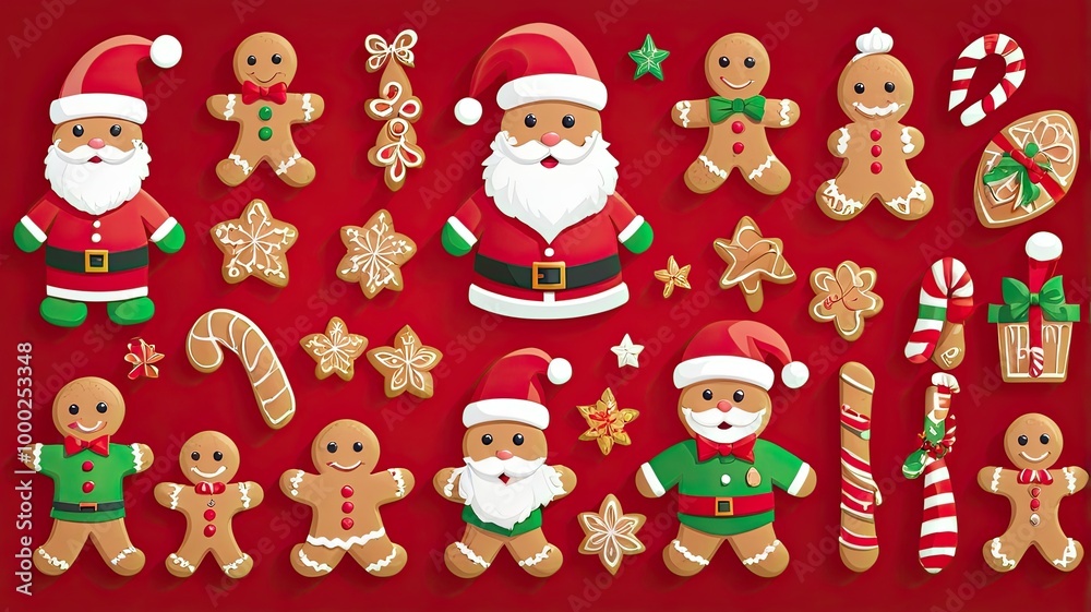 simple pattren santa hat and gingerbread red background simple pattren santa hat and gingerbread red background