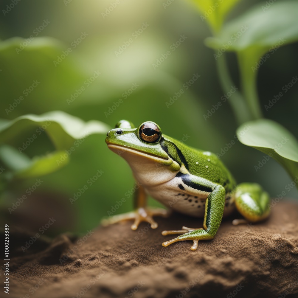 A green frog sits amidst lush foliage looking directly at the camera with wide eyes in a serene softly focused natural habitat. A green frog sits amidst lush foliage looking directly at the camera with wide eyes in a serene softly focused natural habitat.