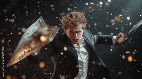A businessman wearing a crown, holding a sword and shield, acting fierce, solemn, and brave like a warrior going to war. The idea is to dedicate oneself to overcome obstacles for success in business.