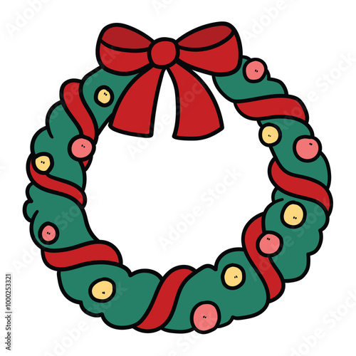 Hand drawn cartoon christmas wreath on white background.