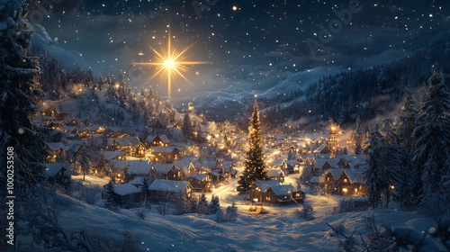 Snowy village with bright star photo