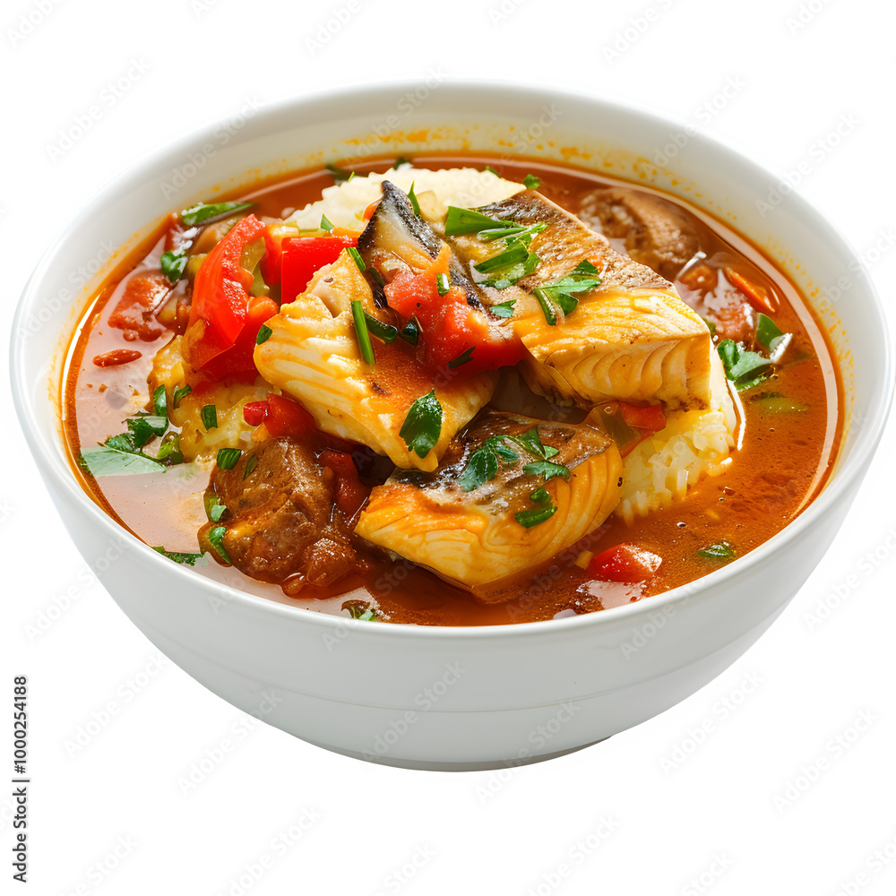 Delicious fish stew topped with herbs and veggies, presented in a clean white bowl against a clear background Delicious fish stew topped with herbs and veggies, presented in a clean white bowl against a clear background