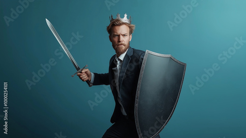 A businessman wearing a crown, holding a sword and shield, acting fierce, solemn, and brave like a warrior going to war. The idea is to dedicate oneself to overcome obstacles for success in business.