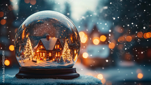 Cozy cabin snow globe in winter