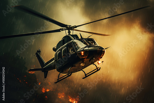 Action shot with helicopter hovering in the air over flame and explosions. Dynamic scene in action movie blockbuster style. photo