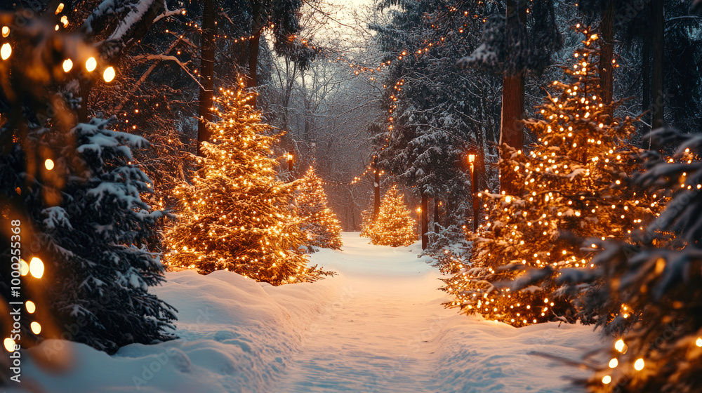 Winter holiday pathway adorned with glowing trees Winter holiday pathway adorned with glowing trees