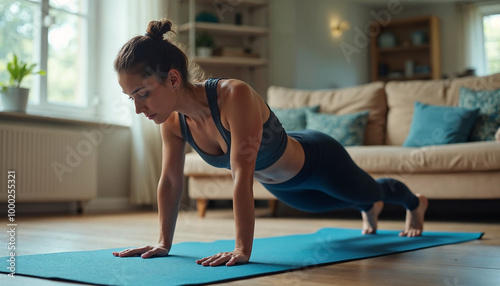 A young Caucasian woman with long dark hair in a bun, wearing a black sports bra and leggings, doing a plank exercise on a blue yoga mat in a living room setting