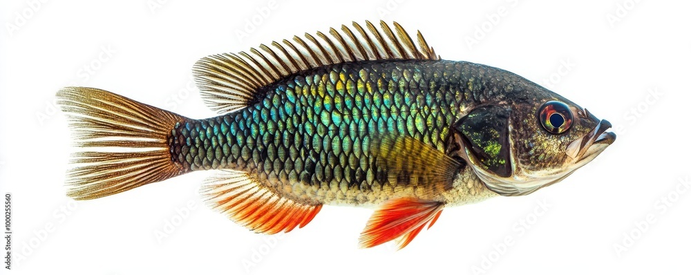 Tilapia fish with intricate scale patterns and fins, isolated on white background, belongs to freshwater species, commonly bred in aquaculture. Tilapia fish with intricate scale patterns and fins, isolated on white background, belongs to freshwater species, commonly bred in aquaculture.