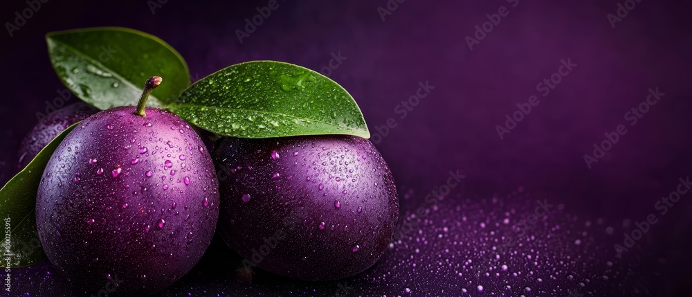 Two plums on a purple surface, each with a green leaf and a water droplet Two plums on a purple surface, each with a green leaf and a water droplet