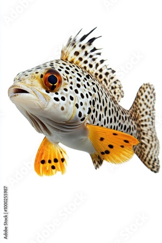Spotted sweetlips fish with striking black spots on its body, on a white background, a coral reef resident, tropical marine species. photo