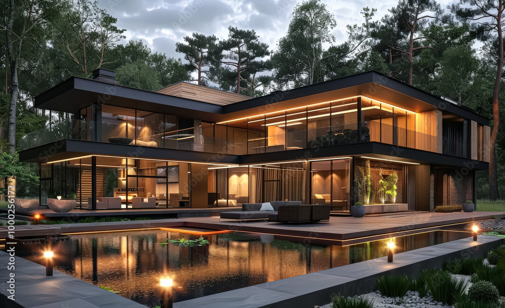 Large house with a pool and a balcony. The house is surrounded by trees and has a modern design Large house with a pool and a balcony. The house is surrounded by trees and has a modern design