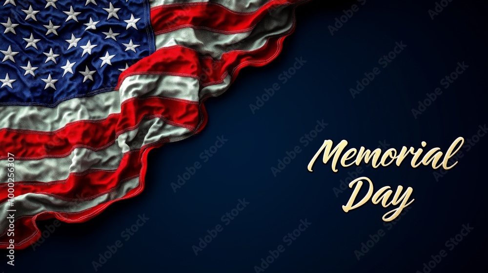 Memorial Day banner with wrinkled American flag on a dark blue ...