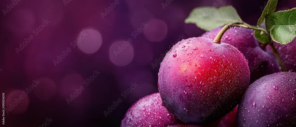  A tight shot of several plums, their surfaces dotted with water droplets, and a lush green leaf perched atop one