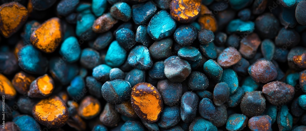 A tight shot of a collection of blue and orange rocks, featuring a yellow mark atop them A tight shot of a collection of blue and orange rocks, featuring a yellow mark atop them