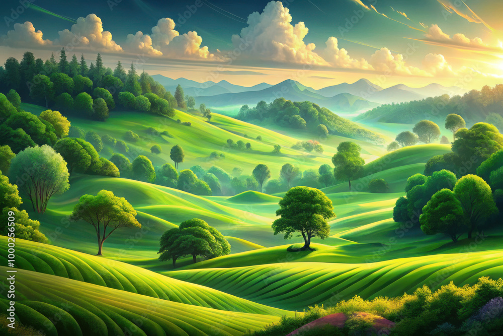 Fototapeta premium A tranquil landscape of rolling green hills under a radiant sky at sunrise, showcasing nature's serene beauty and rich colors. Generative AI